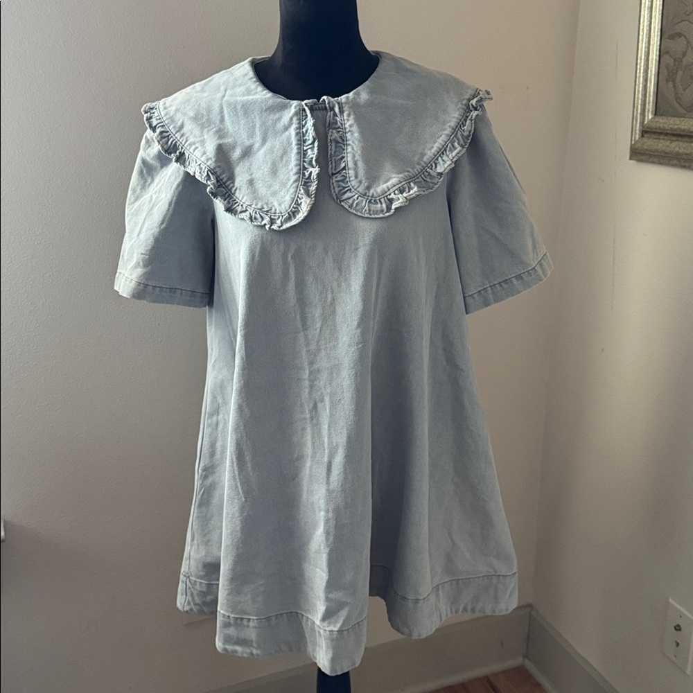 Amable by Mable Peter Pan collared light Wash denim mini dress shirt sleeve Sz S - Picture 5 of 15